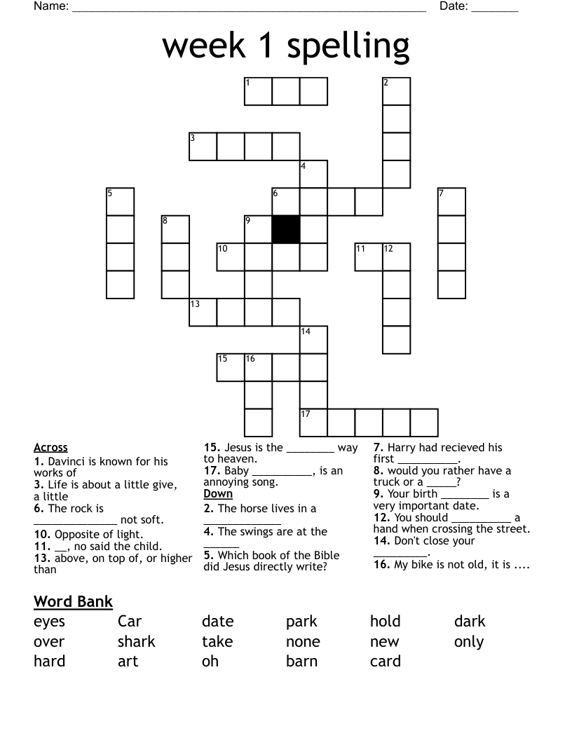 week 1 spelling Crossword