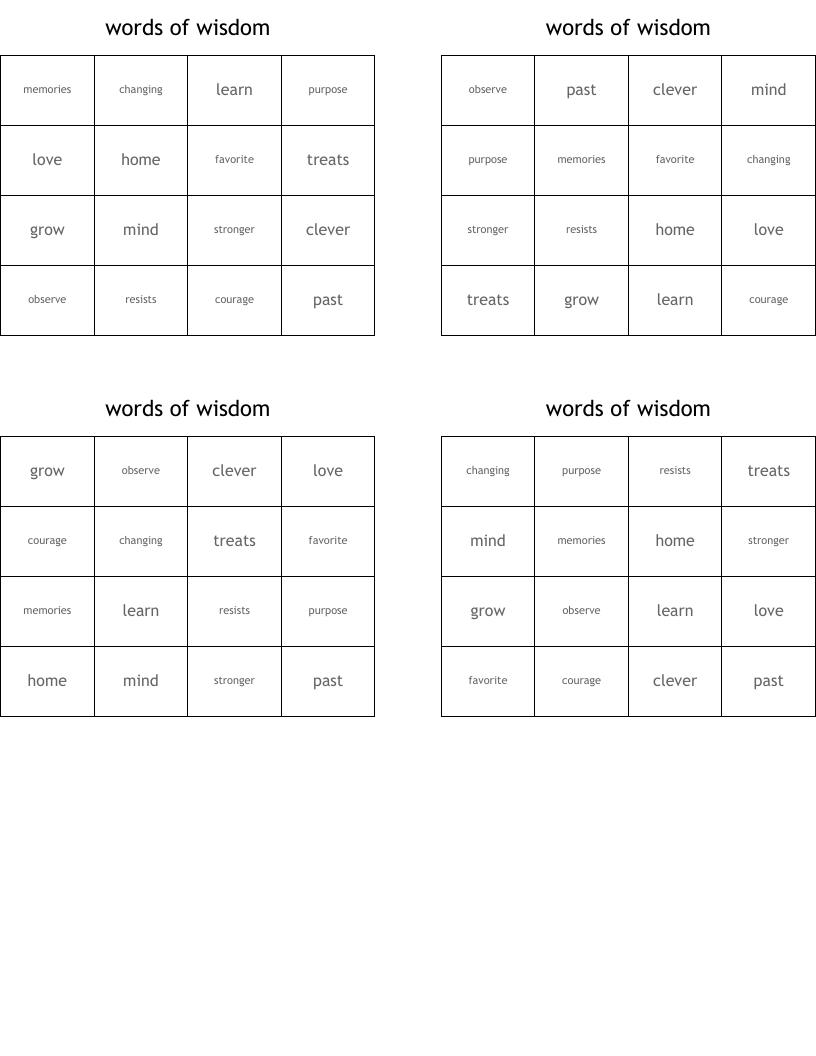 words of wisdom Bingo Cards