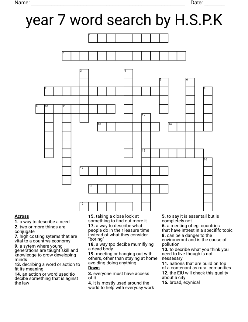 Year 7 Word Search By H S P K Crossword WordMint
