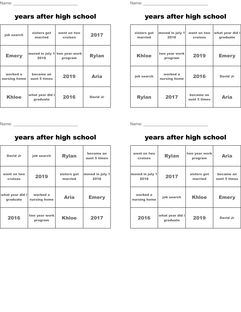 years after high school Bingo Cards