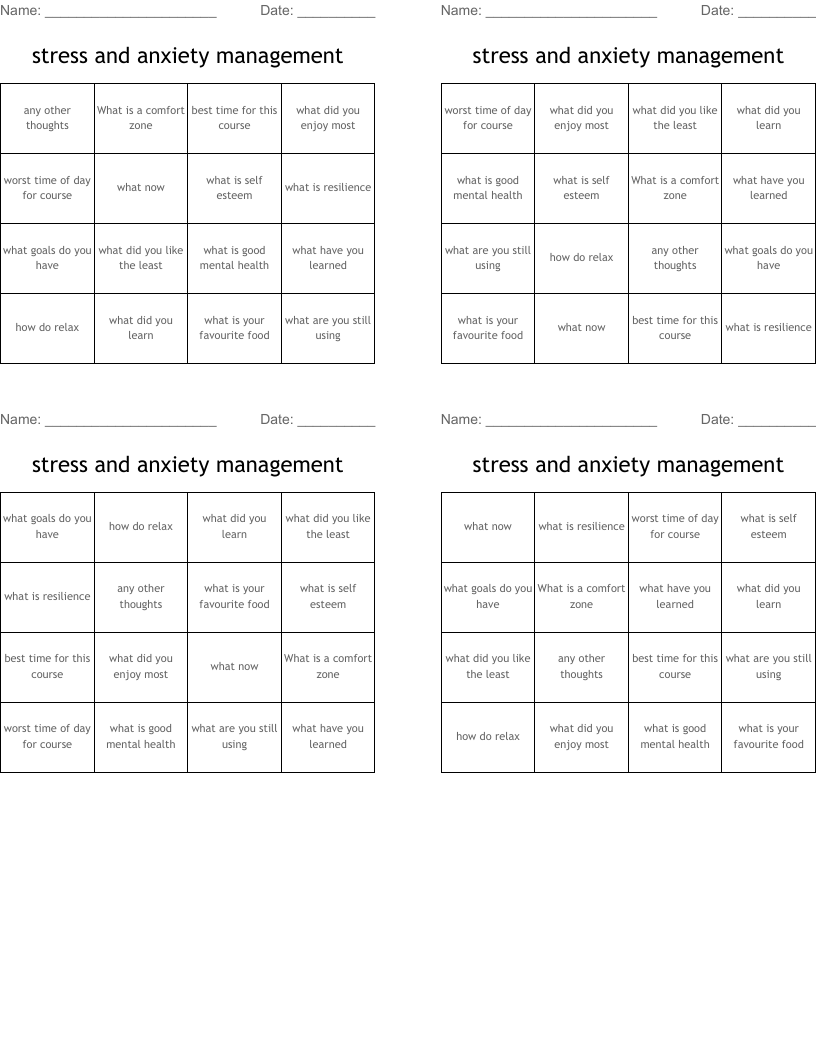 stress and anxiety management  Bingo Cards