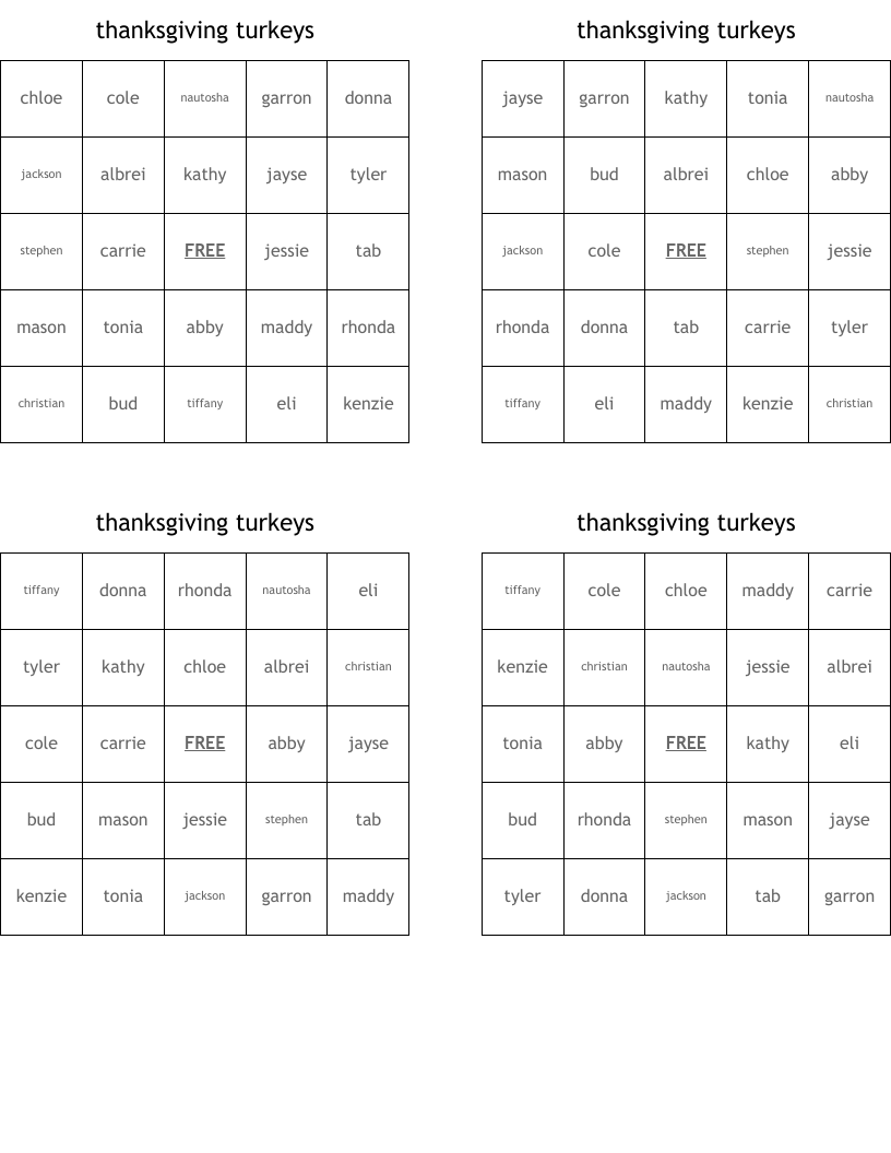 thanksgiving turkeys Bingo Cards